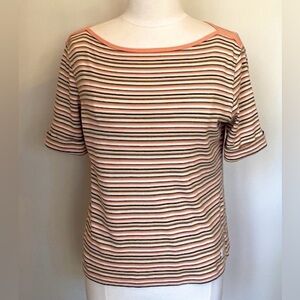 Liz Claiborne Striped Tan Green Orange Boatneck Short Sleeve Cotton Top Size S